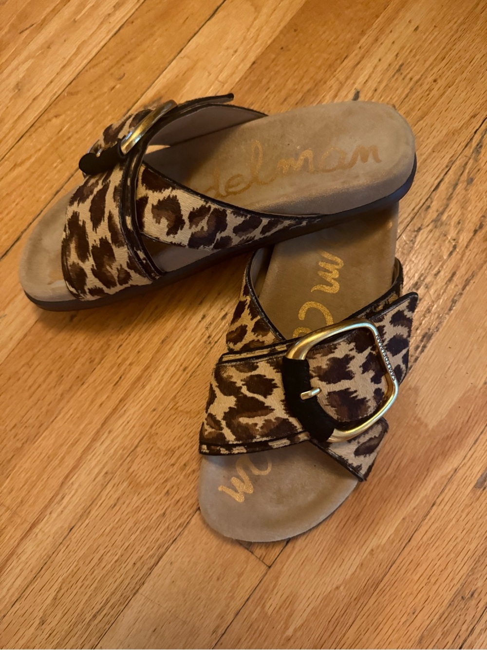 Sam Edelman Leopard Print Slide Sandals with Gold Buckle